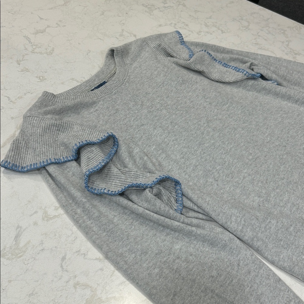 Democracy Brushed Sweater Knit Ruffled Top Light Heather‎ Gray Blue Ruffle Trim - Picture 14 of 15
